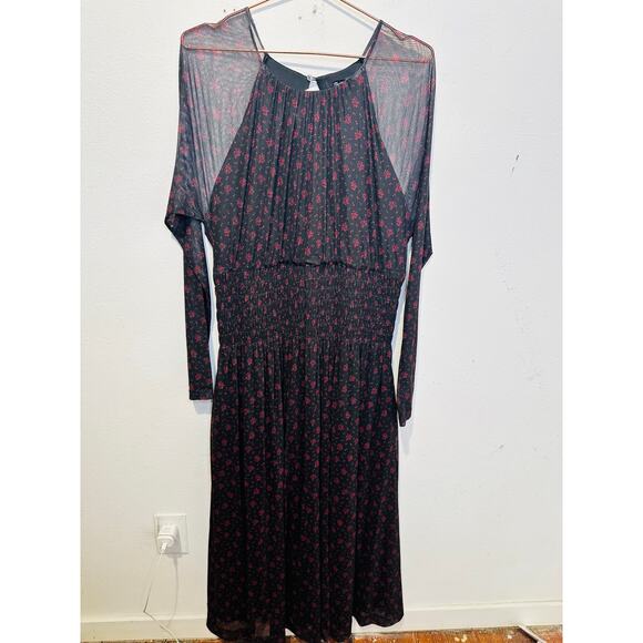 MADEWELL Black Red Smocked Midi Floral Print Sheer Lined Dress size XXL - Picture 3 of 15
